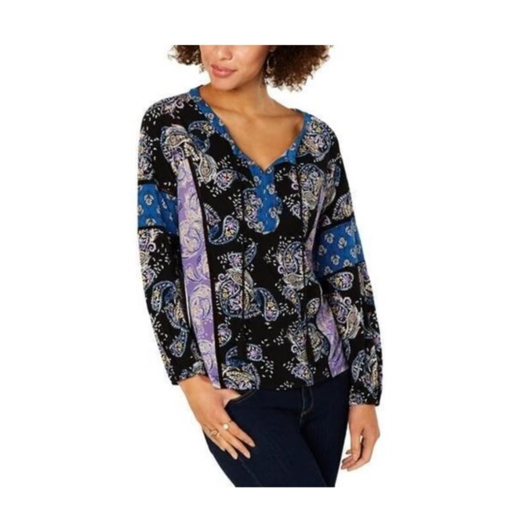 Style & Co Womens Peasant Blouse Black Paisley Tassel Tie Stretch Plus 0X/12W